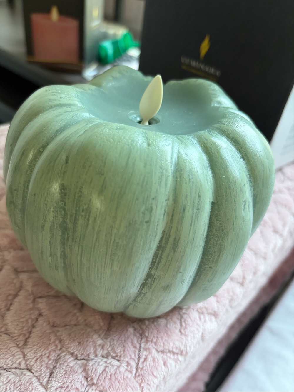 Luminara Pumpkin Flameless LED Candle Green Real Flame-Effect Timer 5.25x4.5"